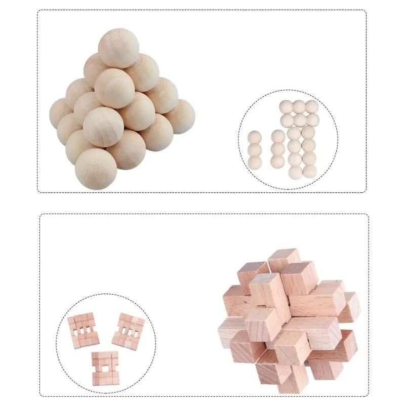 Hlavolamy dřevěné 3D – set 9 skládaček pro děti a dospělé