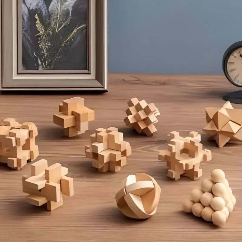 Hlavolamy dřevěné 3D – set 9 skládaček pro děti a dospělé