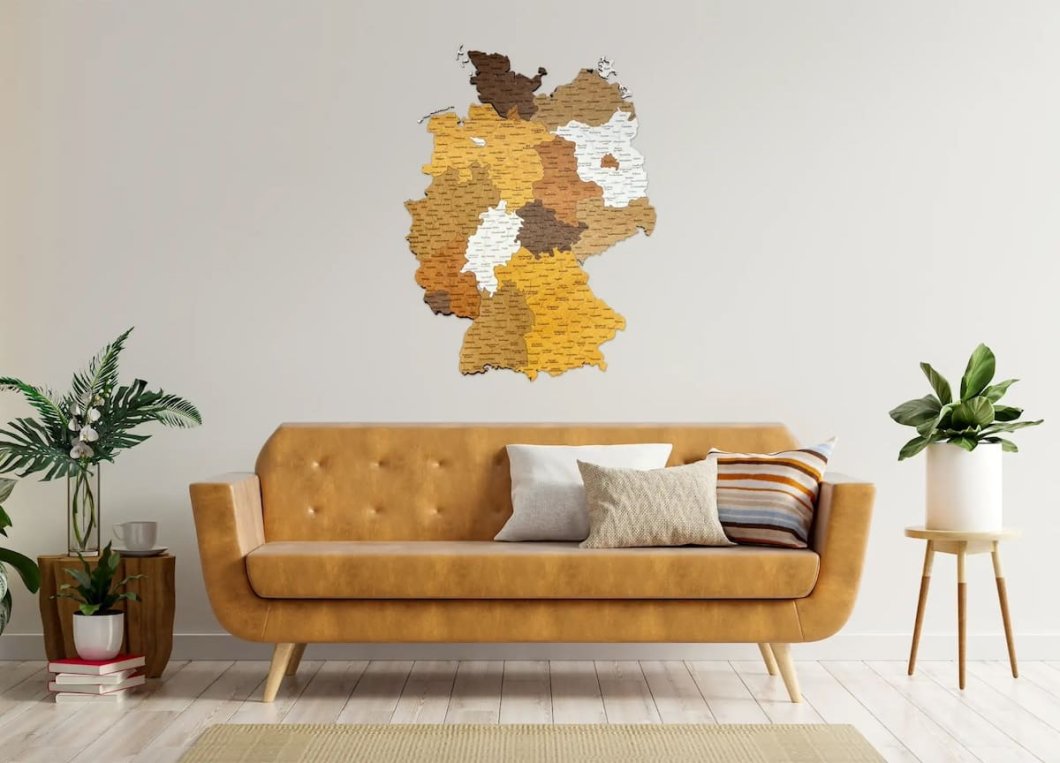 3D dřevěná nástěnná mapa Německa s vyznačenými městy 80×60 cm
