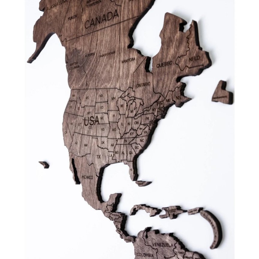Dřevěná 3D mapa světa na zeď 300×175 cm – dřevěný obraz nástěnný (tmavý ořech)