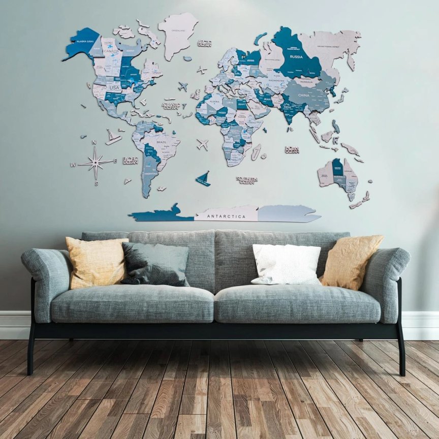 3D dřevěná mapa světa AQUA 100×60 cm – moderní 3D dekorace na zeď
