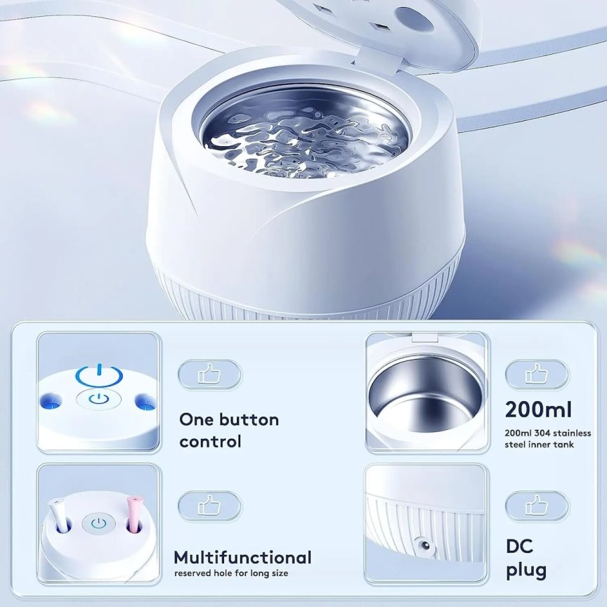Ultrazvukový čistič zubných protéz a šperkov - UV-C + 45 kHz + 210 ml