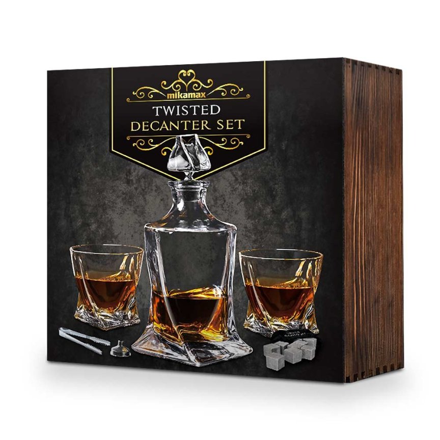 Set na whisky dárkový – karafa se 2 skleničkami + 9 ledových kamenů + doplňky