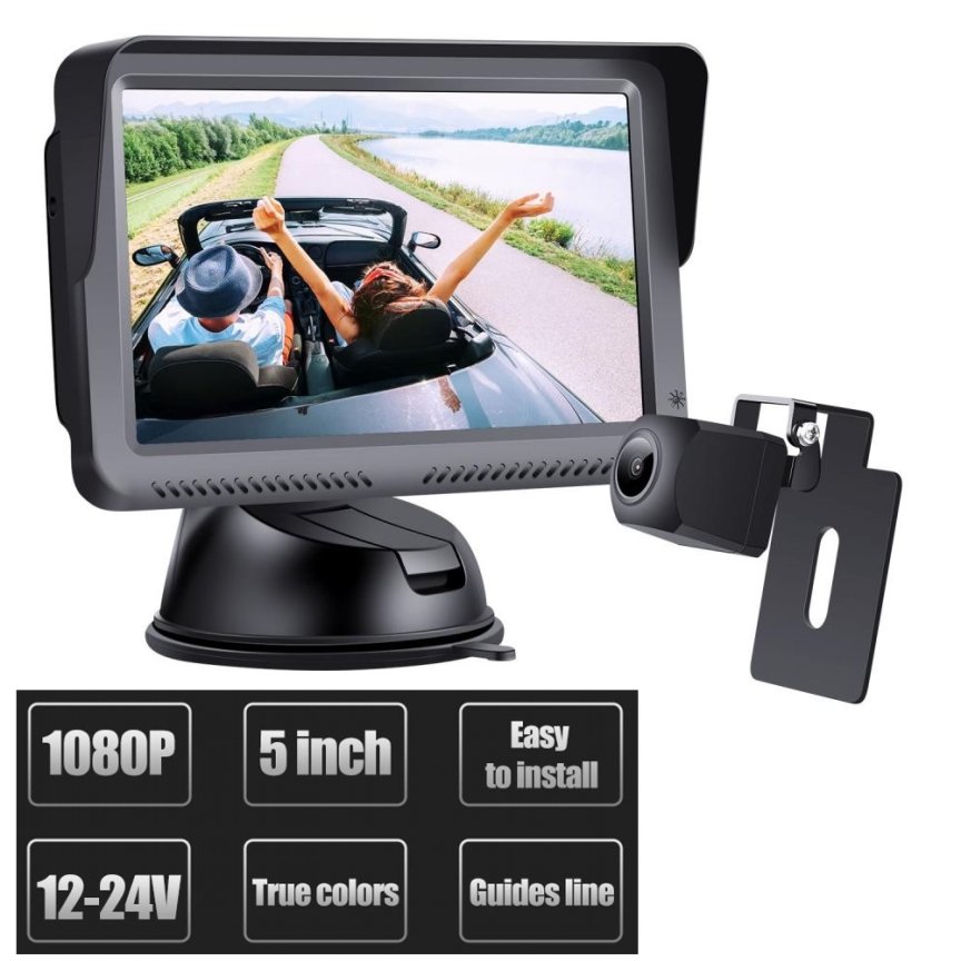 Kabelový couvací set do automobilu: 5" displej + FULL HD zadní mini kamera (IP68)