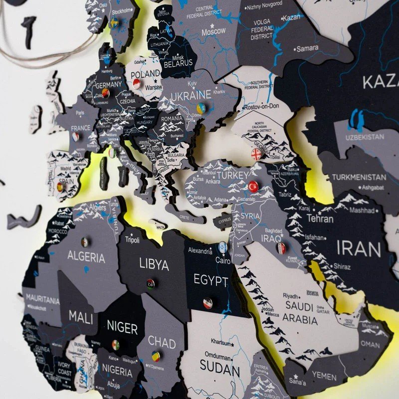 Dřevěná 3D LED mapa světa 200×120 cm (šedá) – dřevěná dekorace s ovládáním