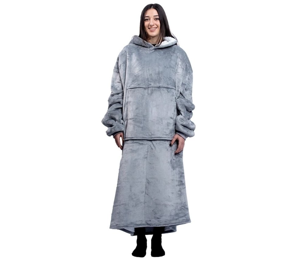 Deka k telce - mikina huňatá s rukávy + kapuce + kapsa 165 cm - šedá