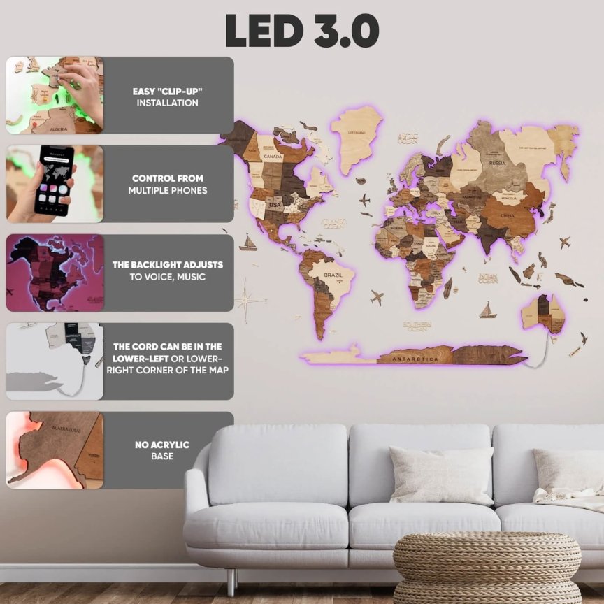 Luxusná LED 3D drevená mapa sveta 250×160 cm – drevený obraz s ovládaním