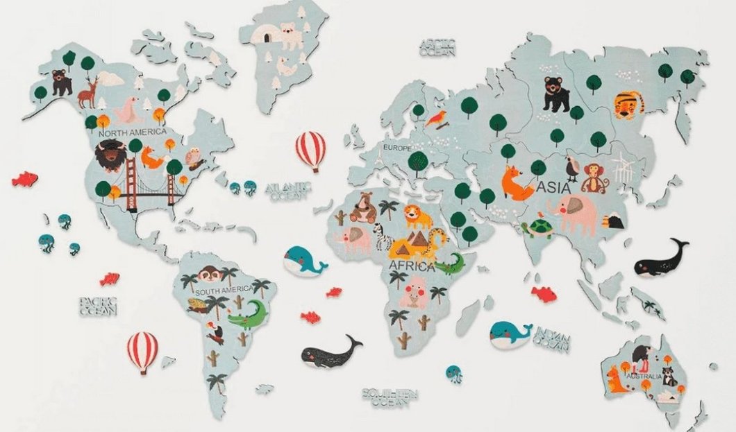 2D dřevěná mapa světa na zeď 150×90 cm – nástěnný obraz do dětského pokoje (Modrá)
