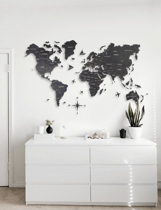3D dřevěná nástěnná mapa světa ze dřeva – černý dekor, 100 × 60 cm mapa na zeď