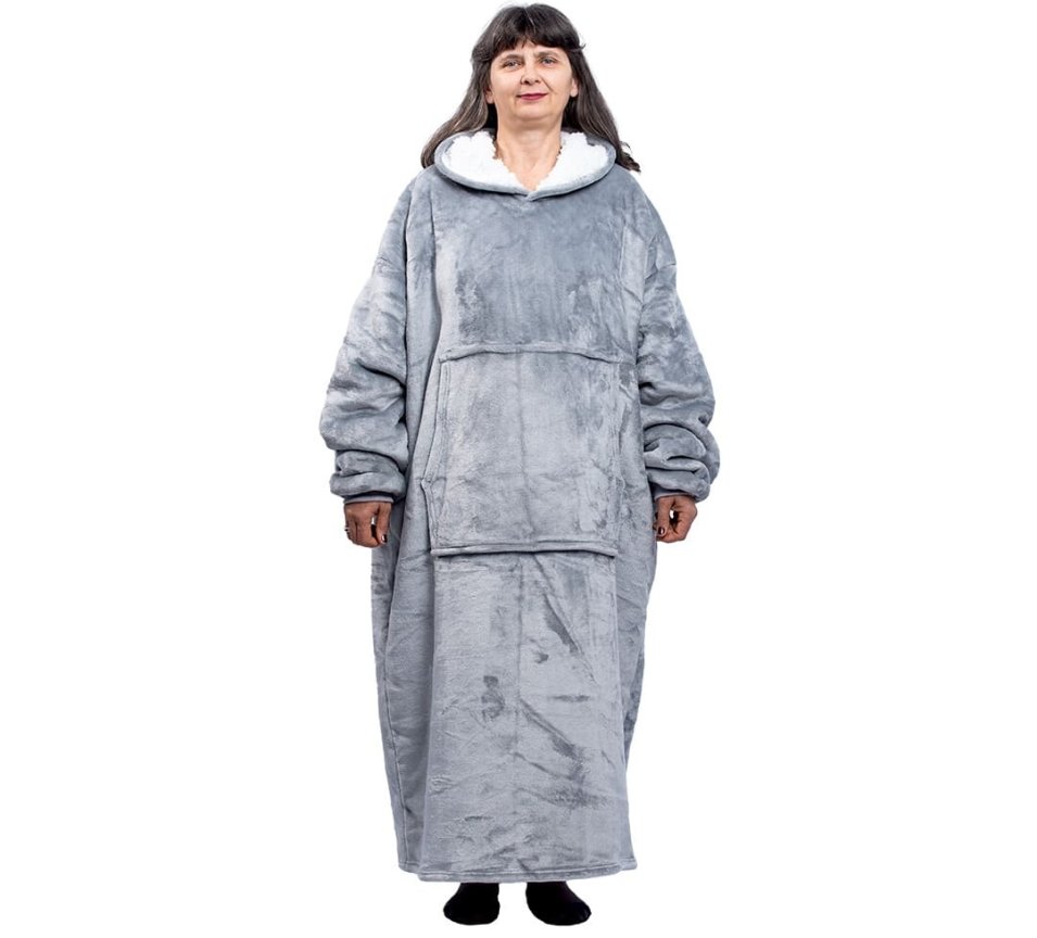 Deka k telce - mikina huňatá s rukávy + kapuce + kapsa 165 cm - šedá