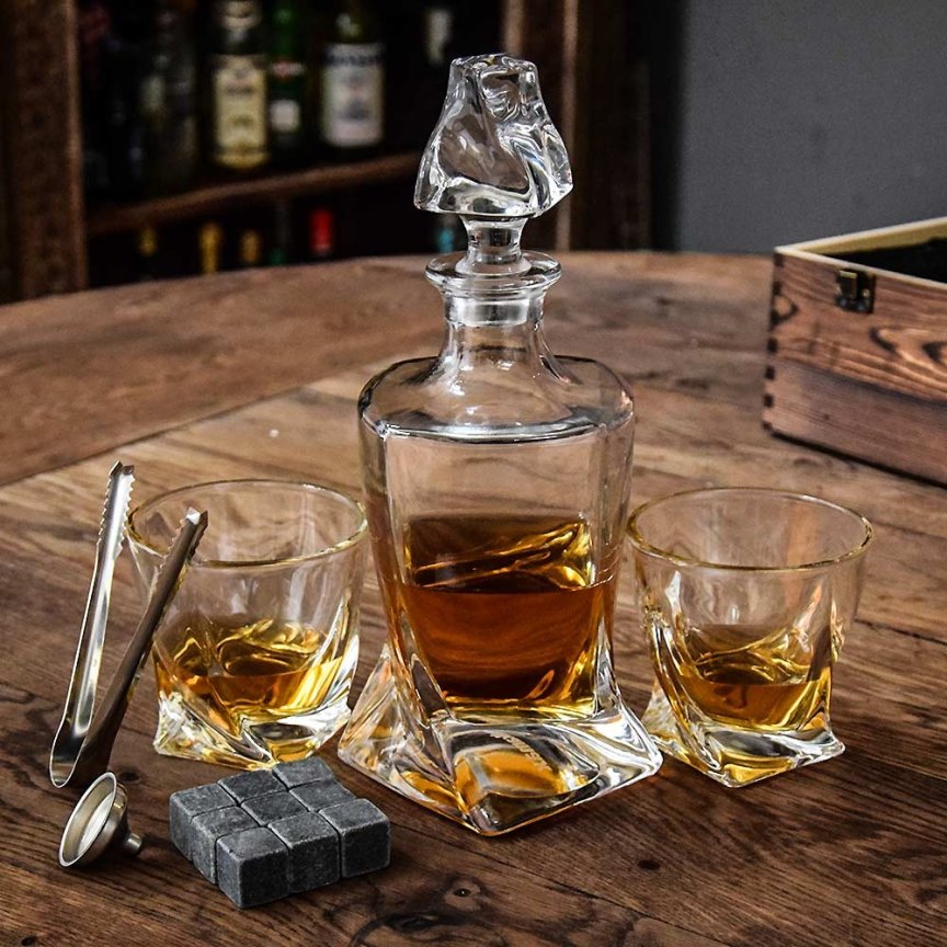 Set na whisky dárkový – karafa se 2 skleničkami + 9 ledových kamenů + doplňky
