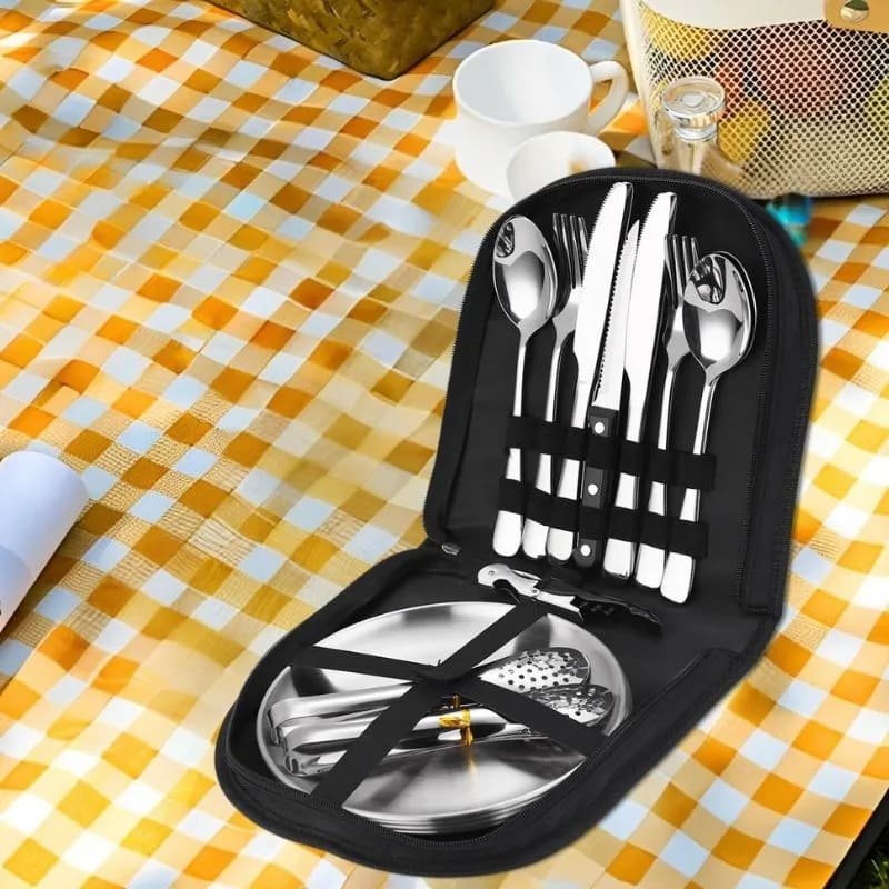 Outdoorový set pro stolování 20dílný – příbory a talíře na piknik