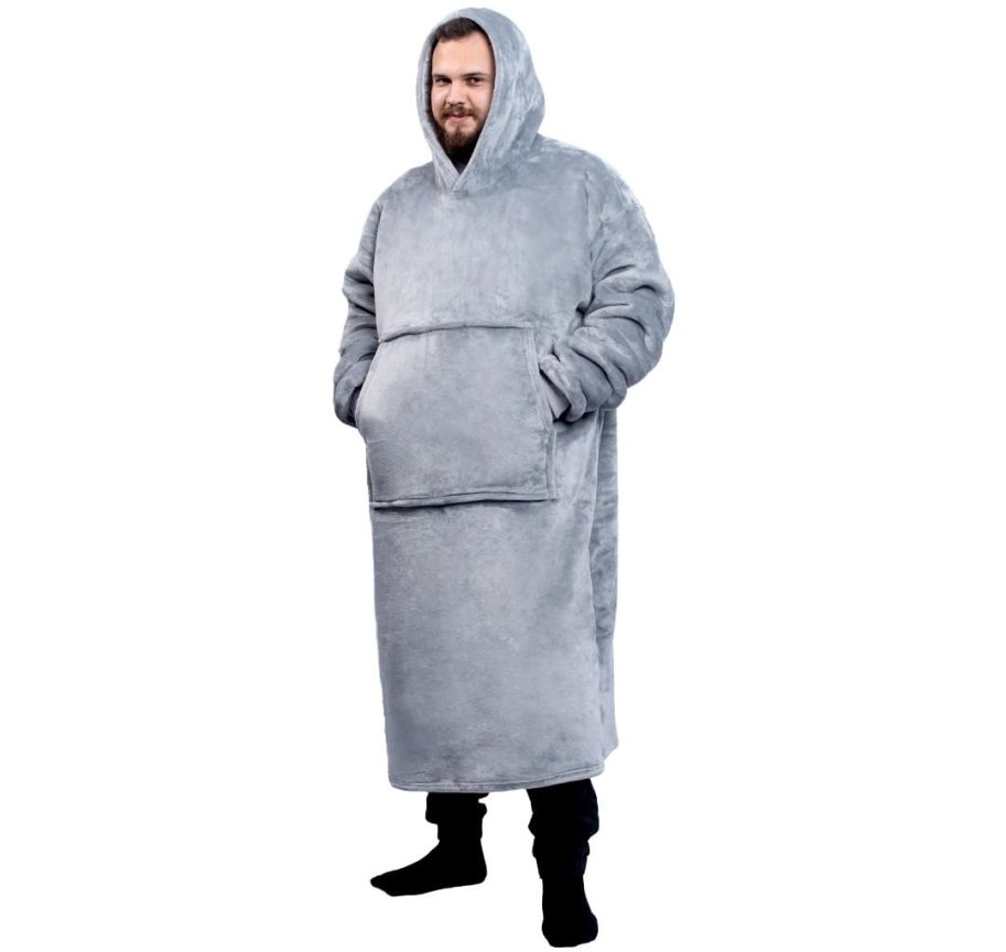 Deka k telce - mikina huňatá s rukávy + kapuce + kapsa 165 cm - šedá