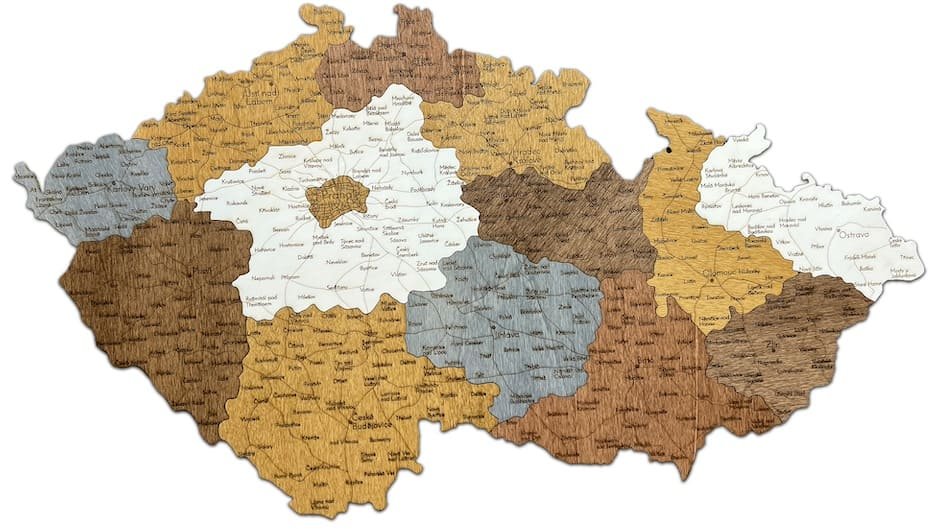 3D dřevěná nástěnná mapa Česka s vyznačenými městy 45×79 cm