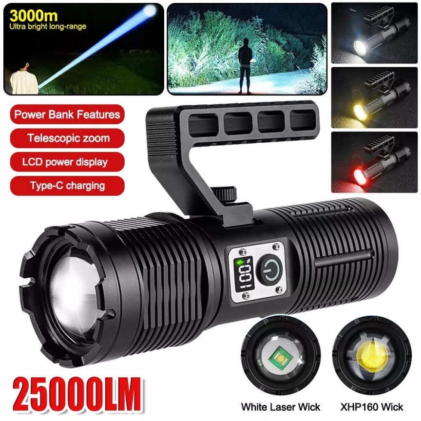 LED baterka so ZOOMOM UItra silná – 3000m dosvit + 8800 mAh batéria + USB nabijatelna + 5 režimov