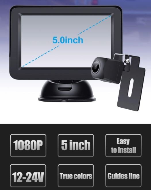 Kabelový couvací set do automobilu: 5" displej + FULL HD zadní mini kamera (IP68)