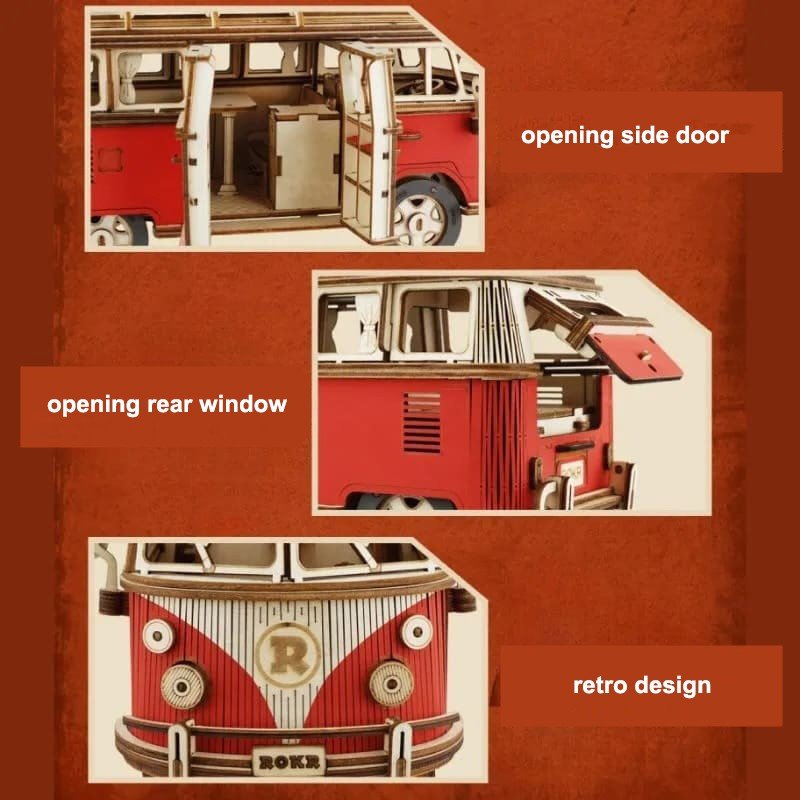 Model retro auto 3D skládací – puzzle auto model Volkswagen VW T1 dřevěný