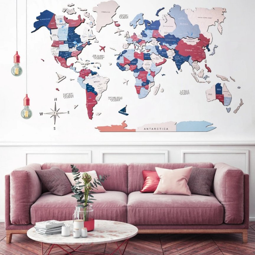 Drevená mapa sveta 150x90 cm - 3D nástenná dekorácia na stenu URBAN