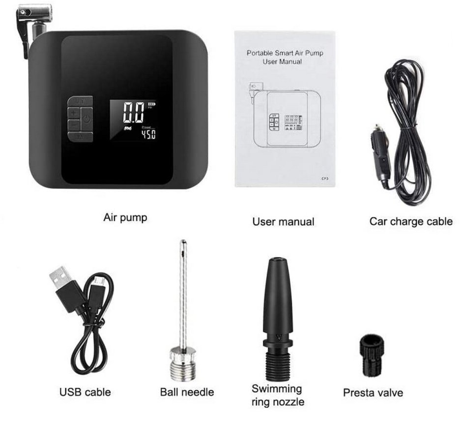 Elektrická pumpa do auta - přenosný 12V kompresor s baterií 2000 mAh + LED osvětlení