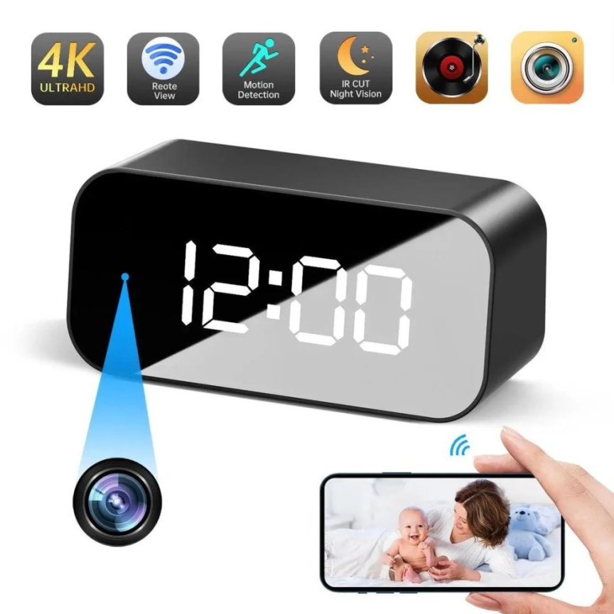 Wekker spioncamera 4K met WiFi / P2P voor mobiel (iOS/Android) + IR