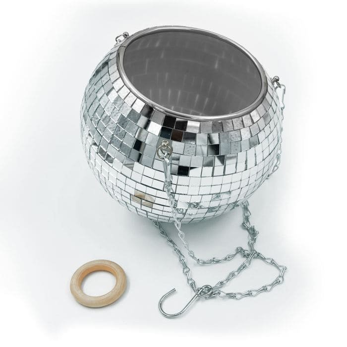 Zrkadlový disco kvetináč – závesná disco guľa v kvetináči s priemerom 20 cm
