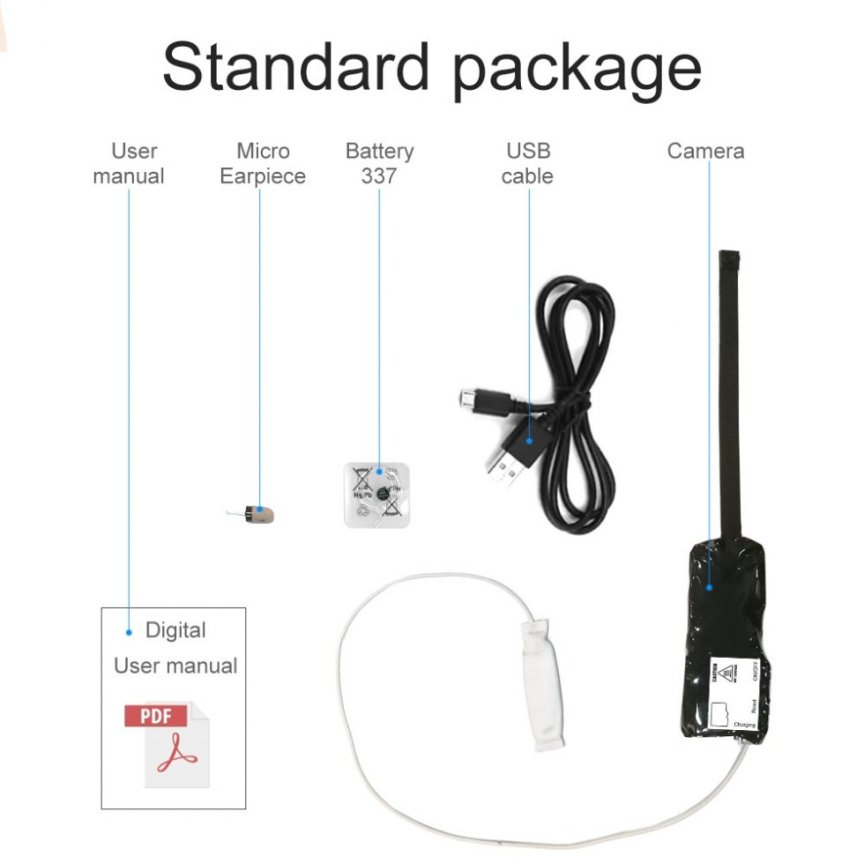 Špionážní SET - Mini pinhole kamera Full HD WiFi/P2P - zaostření textu + spy sluchátko do ucha