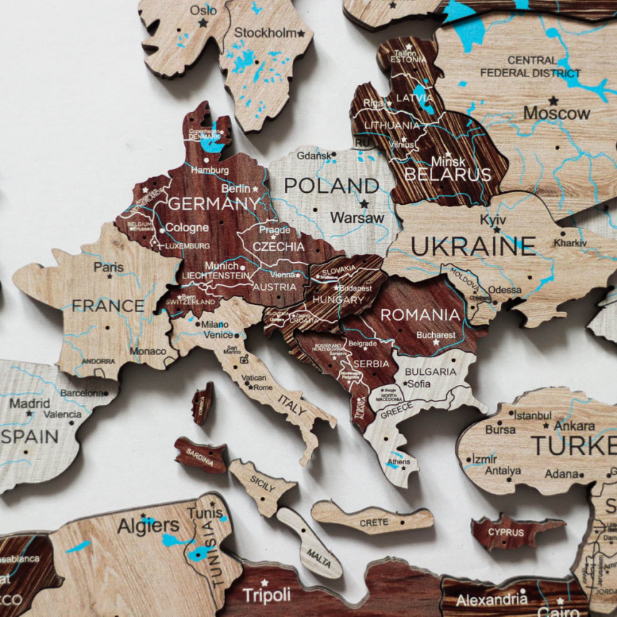 Svítící 3D mapa světa nástěnná 200×120 cm – dřevěná dekorace Capuccino XL