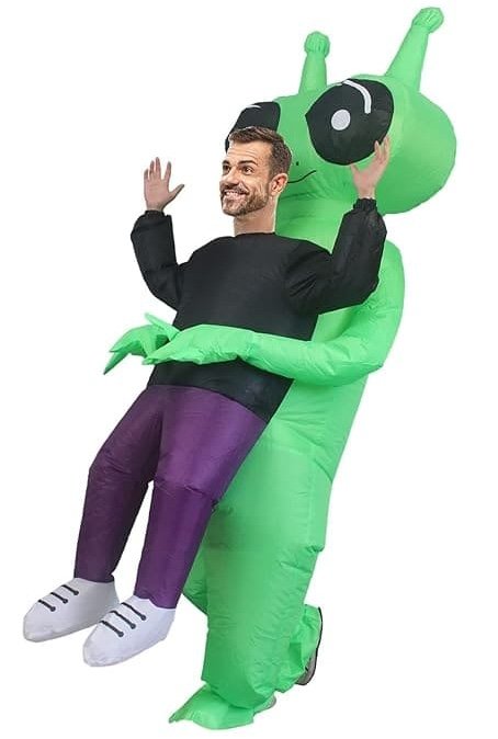Kostým mimozemšťan zelený – nafukovací oblek Alien s ventilátorom na Halloween