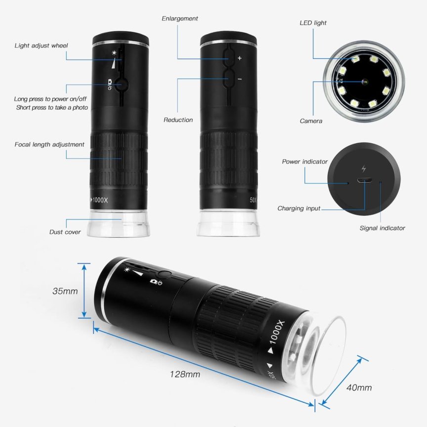 Mikroskop digitálny na mobil s FULL HD 1000x + Wifi (iOS / Android) + 8x LED