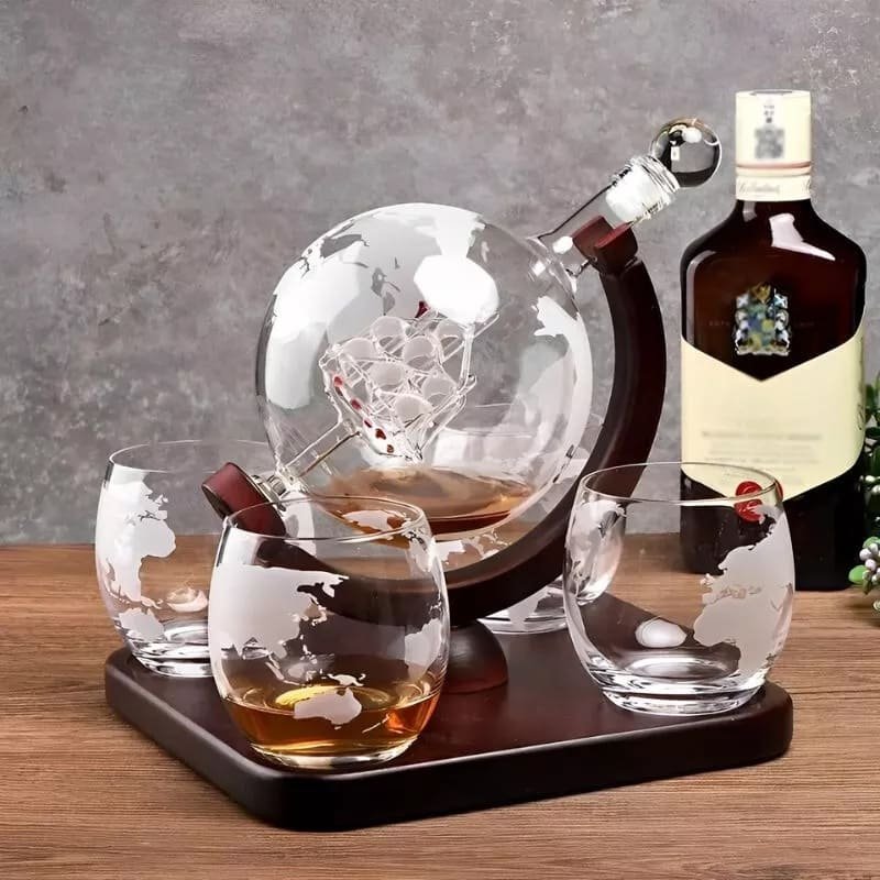 Karafa Glóbus na whisky na stojane – súprava 4 poháre + 9 kameňov