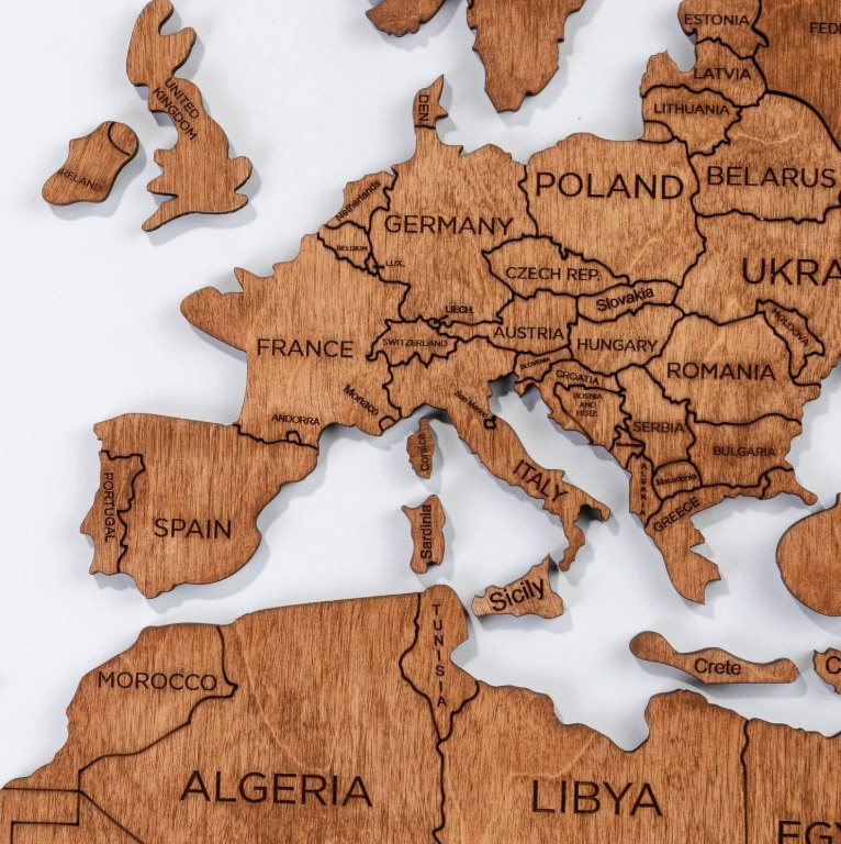3D dřevěná mapa světa 100×60 cm – nástěnný 3D dřevěný obraz (barva - dub)