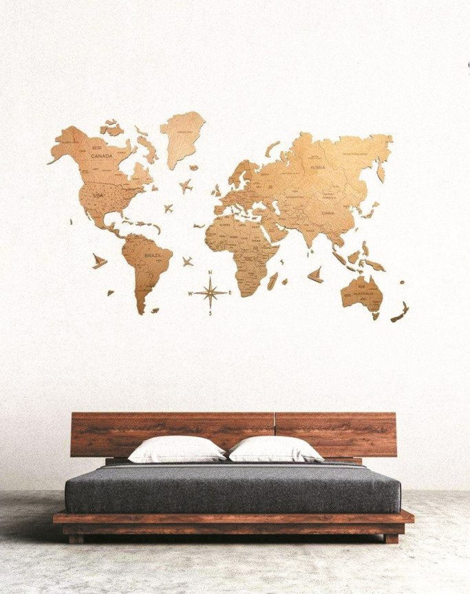 Nástěnná mapa světa dřevěná 3D – světlé dřevo, 100×60 cm dřevěný obraz na zeď