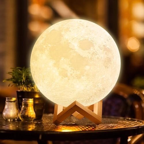 Svetlo Mesiac - Nočná lampa svietidlo 3D s dreveným podstavcom - 16 farieb + diaľkový ovládač