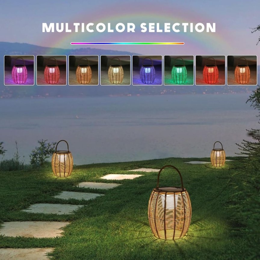 Ratanová solárna LED lampa - ratanový lampáš farebný RGB s krytím IP44