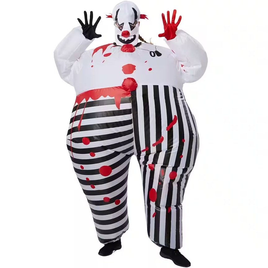 Kostým klaun strašidelný – halloweenský oblek nafukovací pro dospělé s ventilátorem