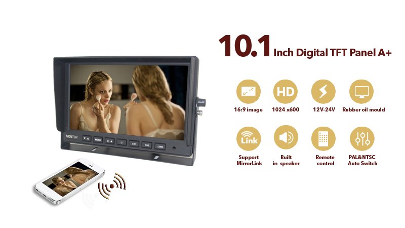 10,1” WiFi LCD monitor do auta – Mirror Link s možnosťou pripojenia 2 cúvacích kamier.