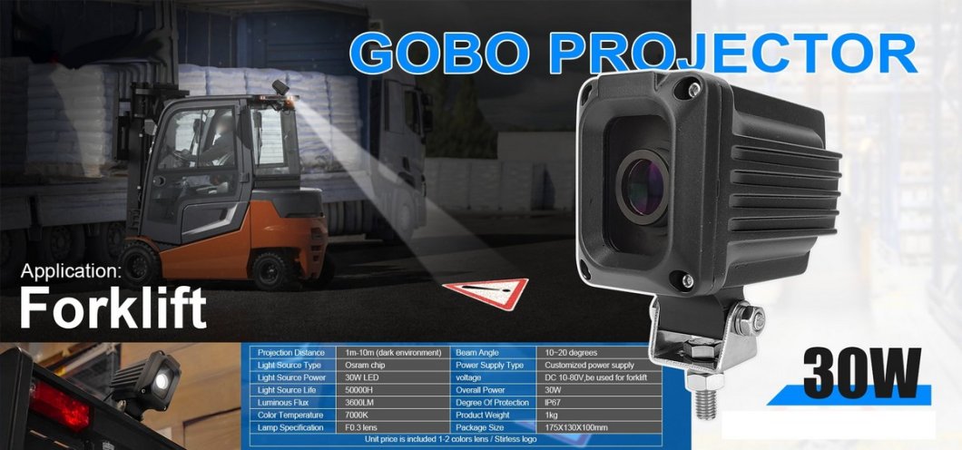 Proiettore GOBO di sicurezza per carrelli elevatori 30W - 10-80V con IP67