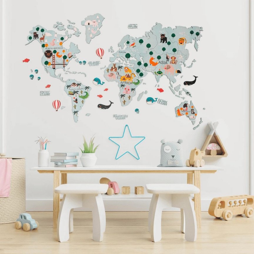 2D dřevěná mapa světa na zeď 150×90 cm – nástěnný obraz do dětského pokoje (Modrá)