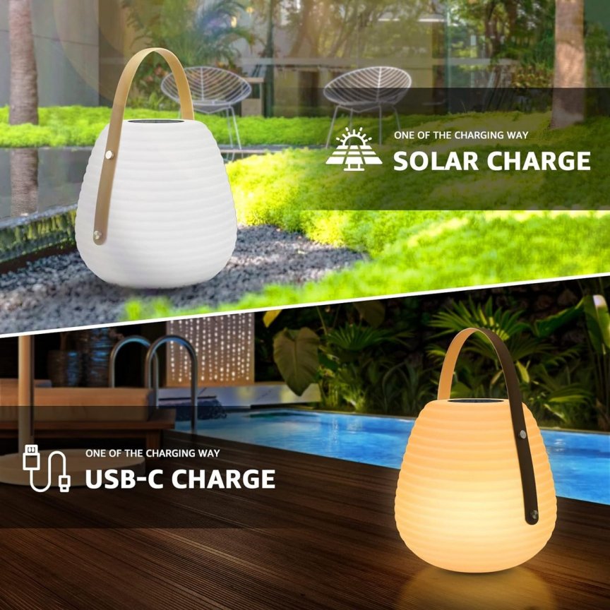 Solárny lampáš - LED lampa do záhrady s USB nabíjaním - svetlo teplá biela + 6 RGB farieb