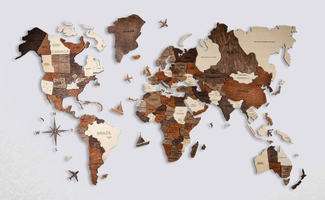 Dřevěná mapa světa na zeď 200x120 cm - 3D nástěnná mapa XL
