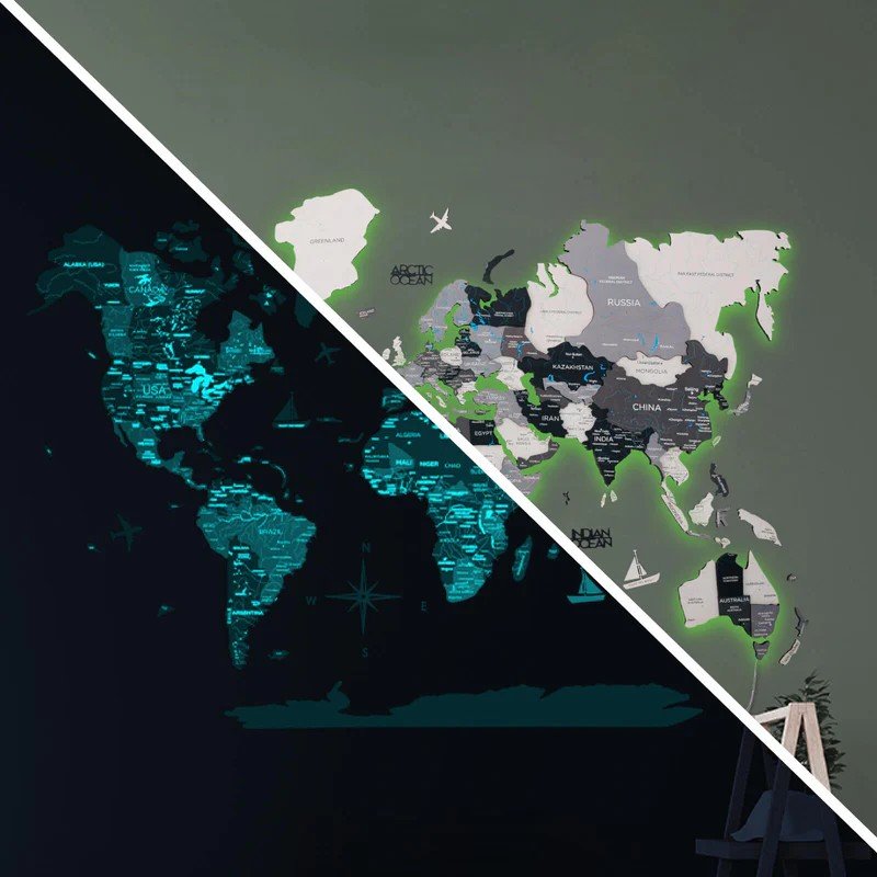 Dřevěná 3D LED mapa světa 200×120 cm (šedá) – dřevěná dekorace s ovládáním