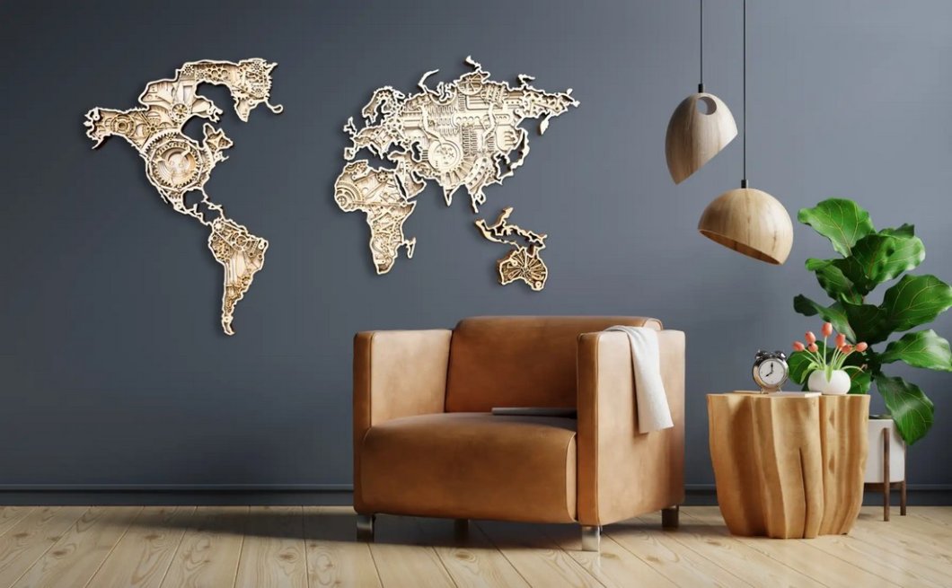 Drevená technická 3D mapa sveta na stenu – 8 vrstiev dreva, rozmer 140×82 cm, hrúbka 24 mm
