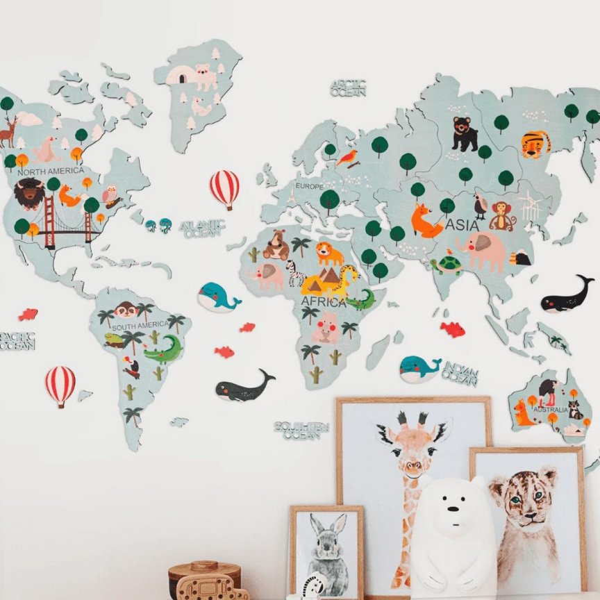 2D dřevěná mapa světa na zeď 150×90 cm – nástěnný obraz do dětského pokoje (Modrá)