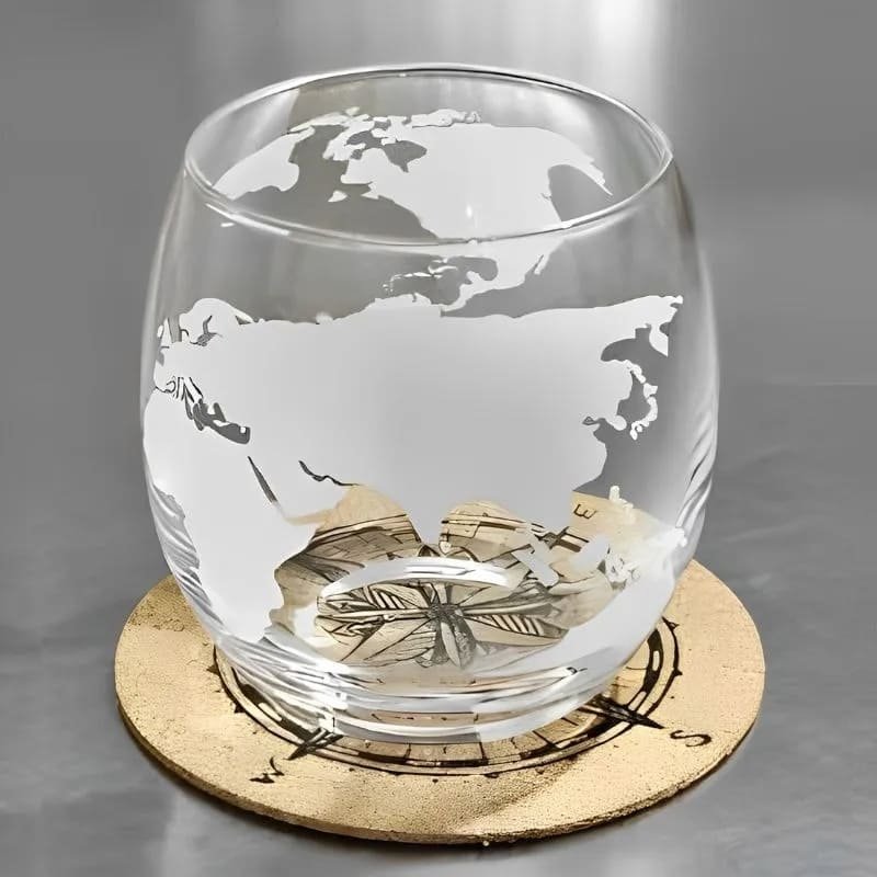 Karafa Glóbus na whisky na stojane – súprava 4 poháre + 9 kameňov