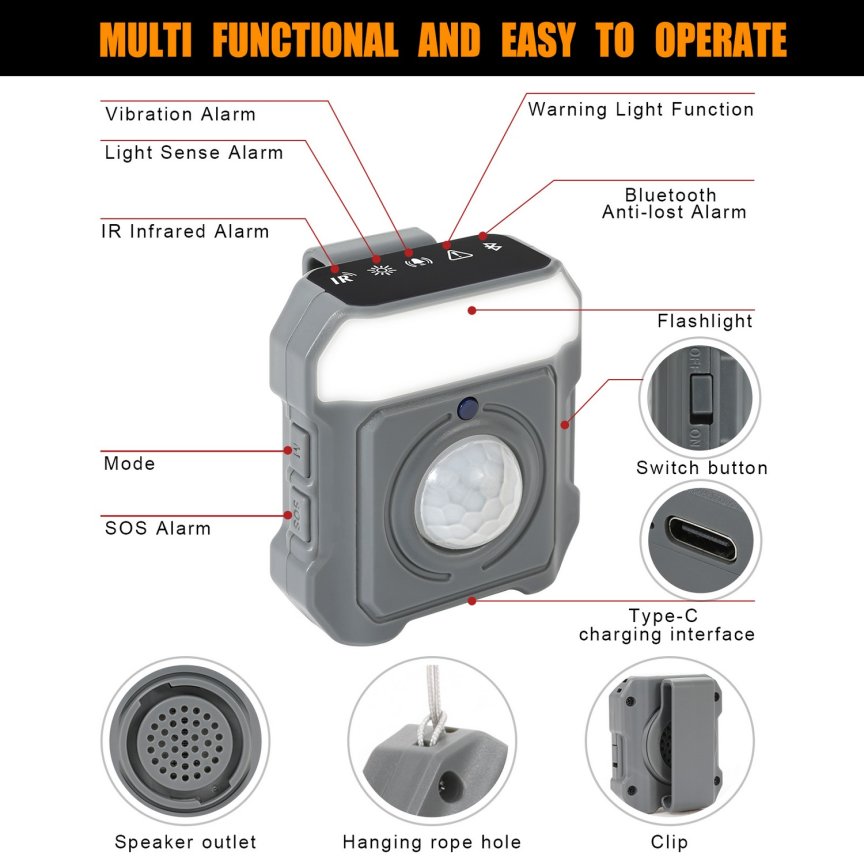Mini osobný alarm so sirénou 130 dB a pohybovým senzorom – smart bezpečnostné zariadenie 7v1