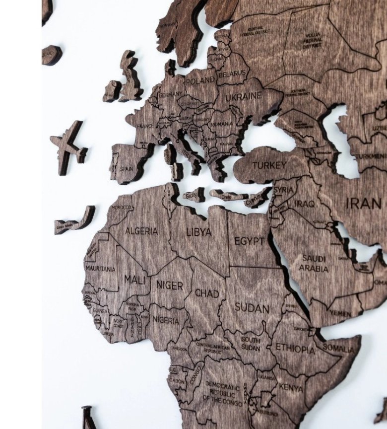 Dřevěná 3D mapa světa na zeď 300×175 cm – dřevěný obraz nástěnný (tmavý ořech)