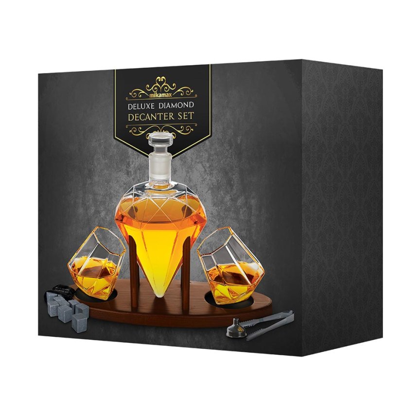Whisky sada na dřevěném stojanu – karafa na whisky + 2 sklenice