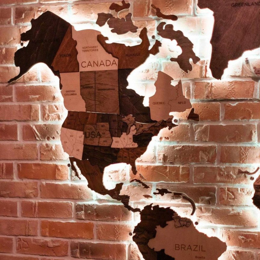 3D dřevěná mapa světa 150x90cm - nástěnný obraz s LED podsvícením