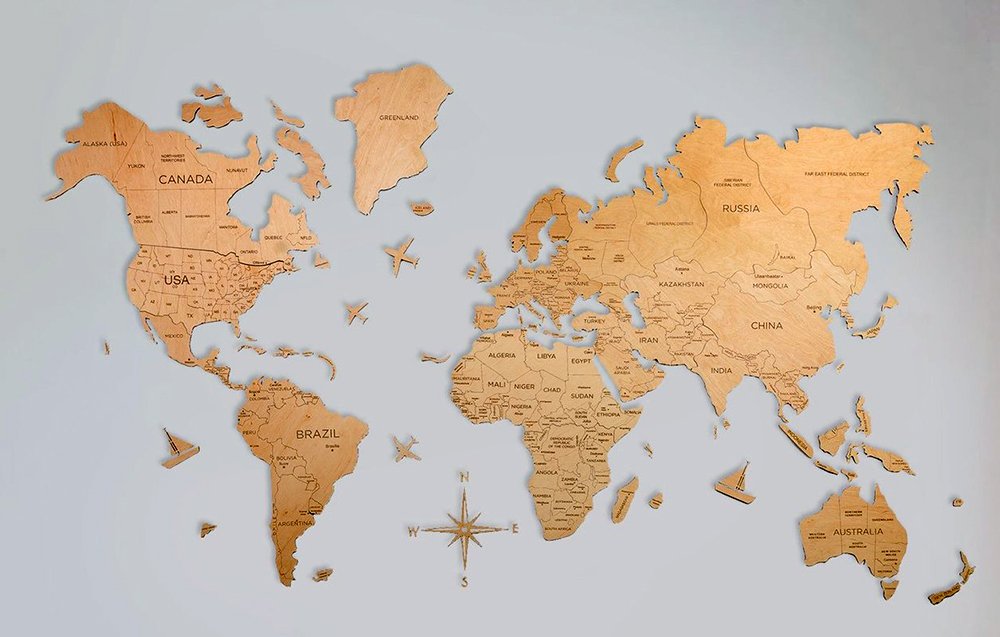 Nástěnná mapa světa dřevěná 3D – světlé dřevo, 100×60 cm dřevěný obraz na zeď