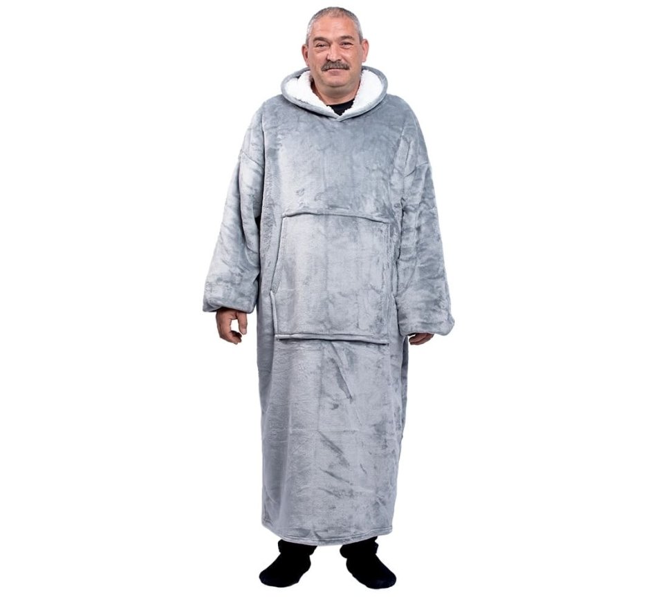 Deka k telce - mikina huňatá s rukávy + kapuce + kapsa 165 cm - šedá